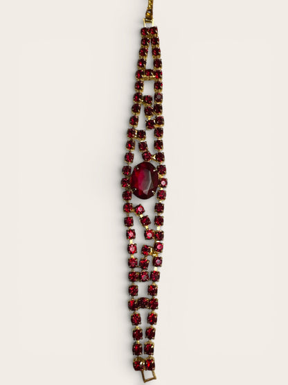 Vintage Ruby Red Rhinestone Bracelet with Triple-Row Design
