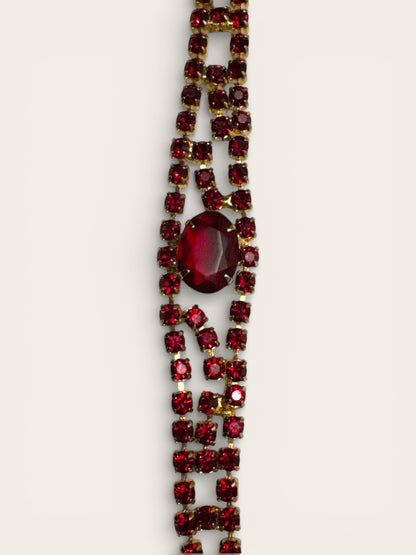 Vintage Ruby Red Rhinestone Bracelet with Triple-Row Design