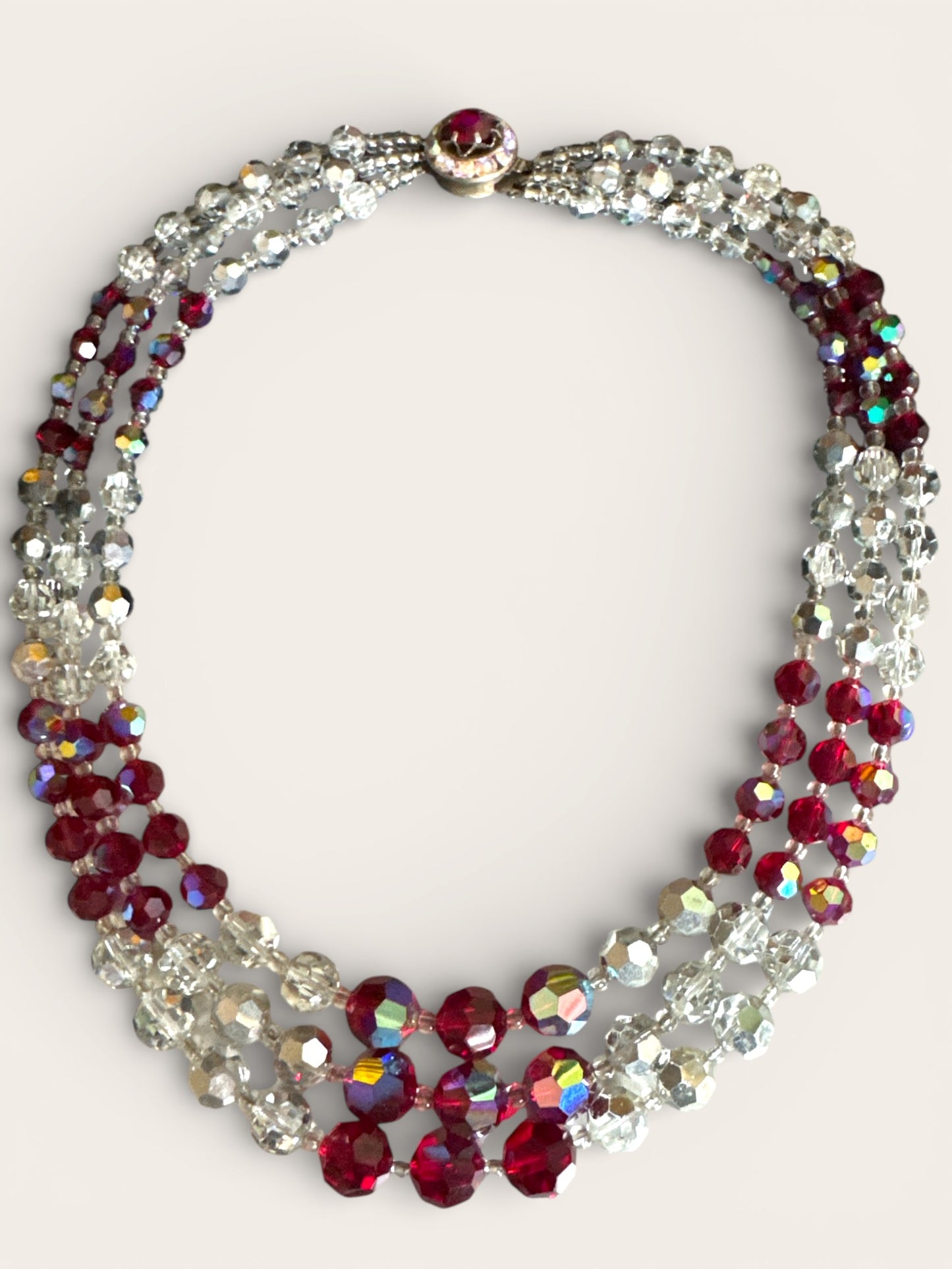 Triple-Strand Faceted Crystal Necklace with Ruby Red & Aurora Borealis Rondelles