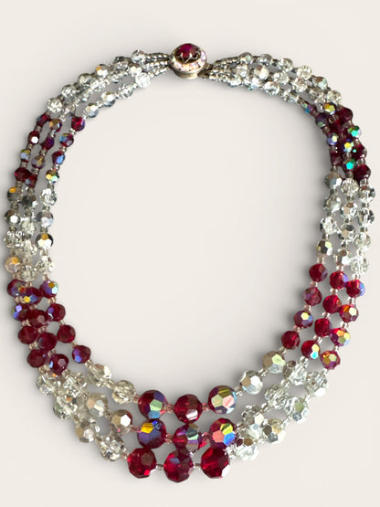 Triple-Strand Faceted Crystal Necklace with Ruby Red & Aurora Borealis Rondelles