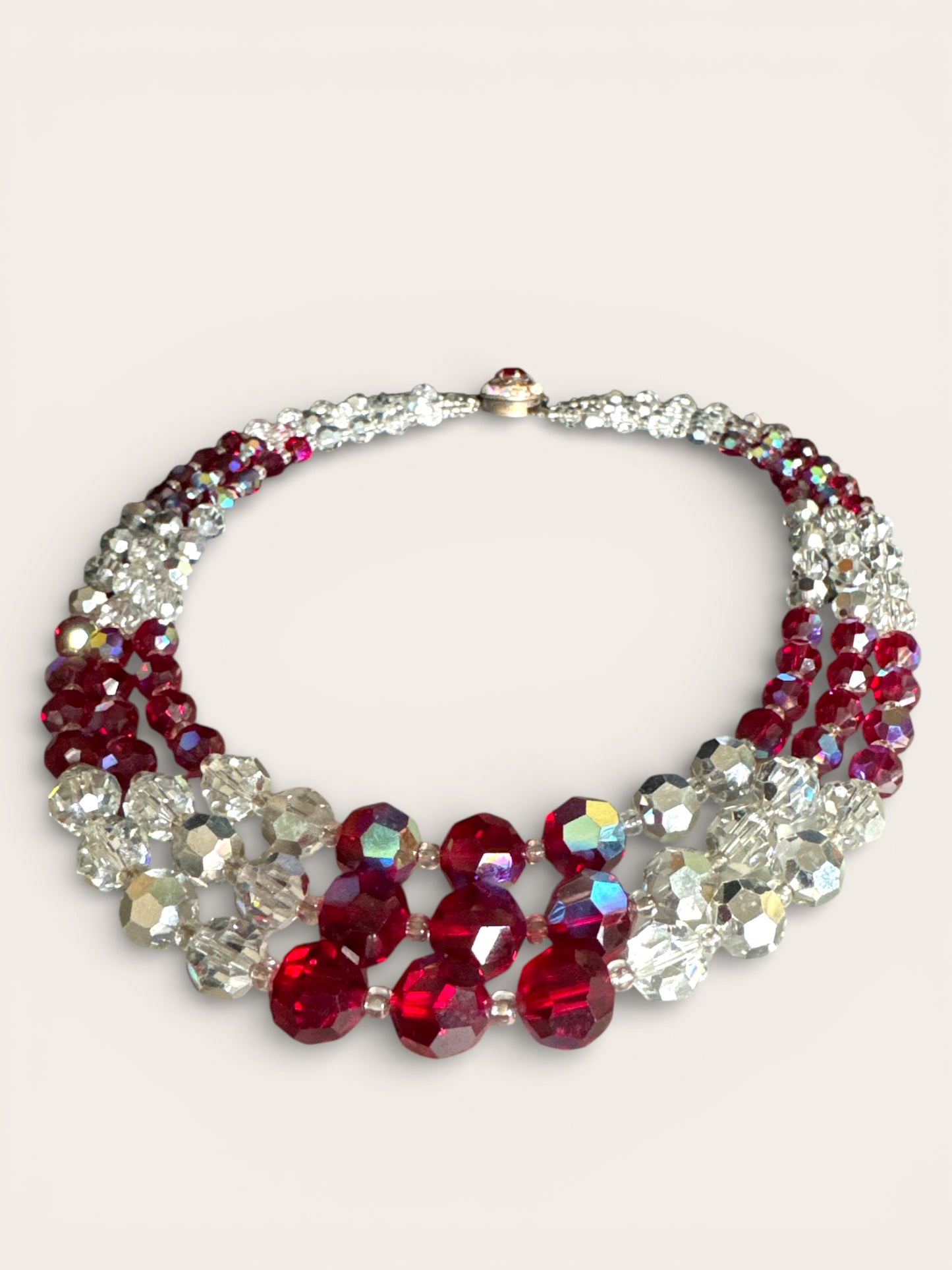 Triple-Strand Faceted Crystal Necklace with Ruby Red & Aurora Borealis Rondelles