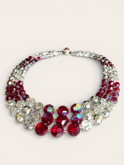 Triple-Strand Faceted Crystal Necklace with Ruby Red & Aurora Borealis Rondelles