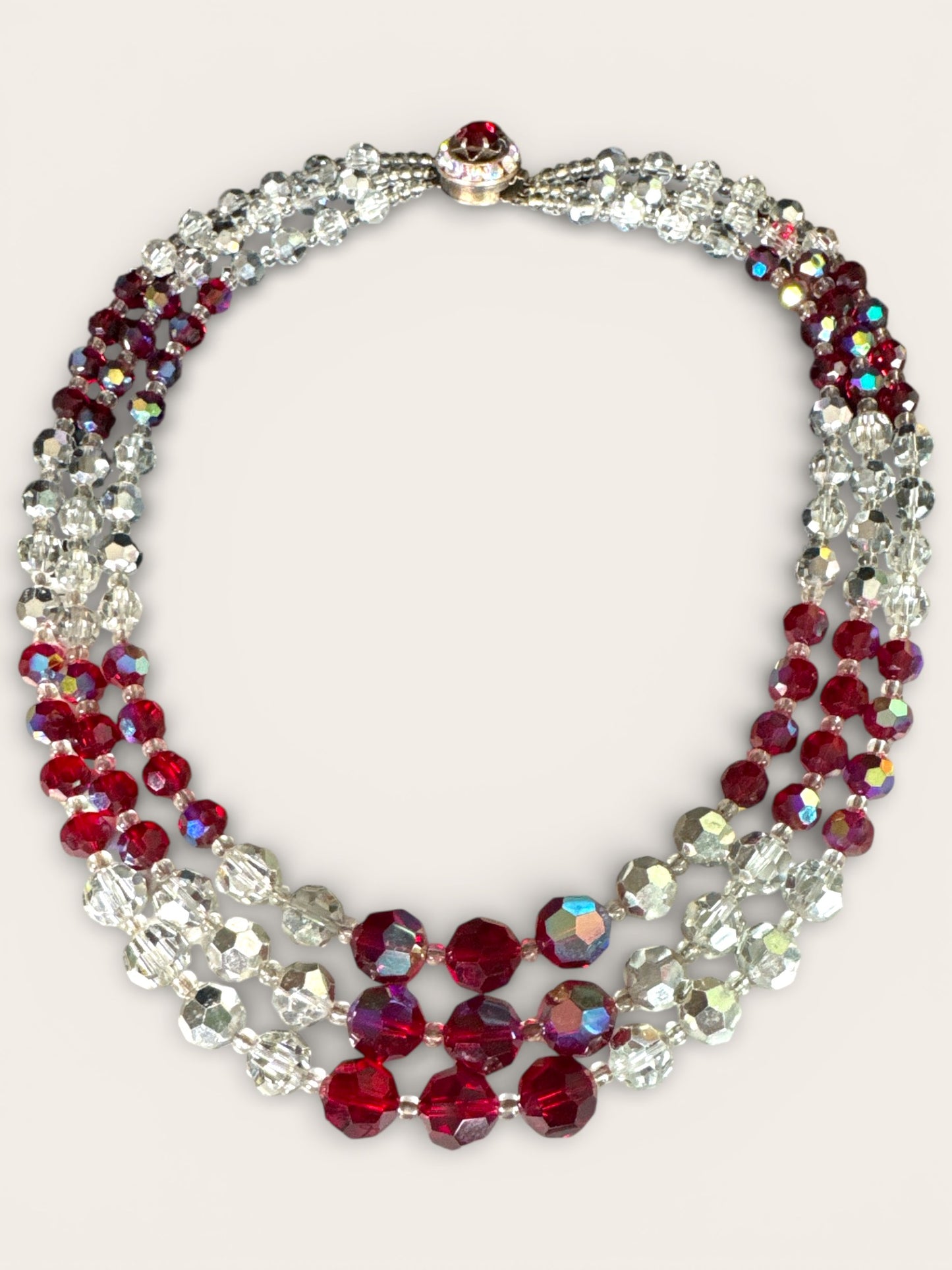 Triple-Strand Faceted Crystal Necklace with Ruby Red & Aurora Borealis Rondelles