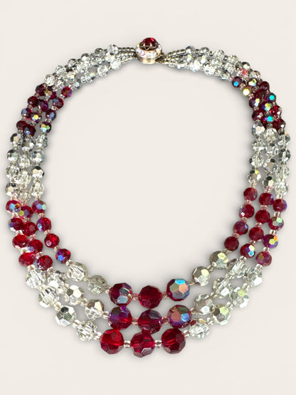 Triple-Strand Faceted Crystal Necklace with Ruby Red & Aurora Borealis Rondelles