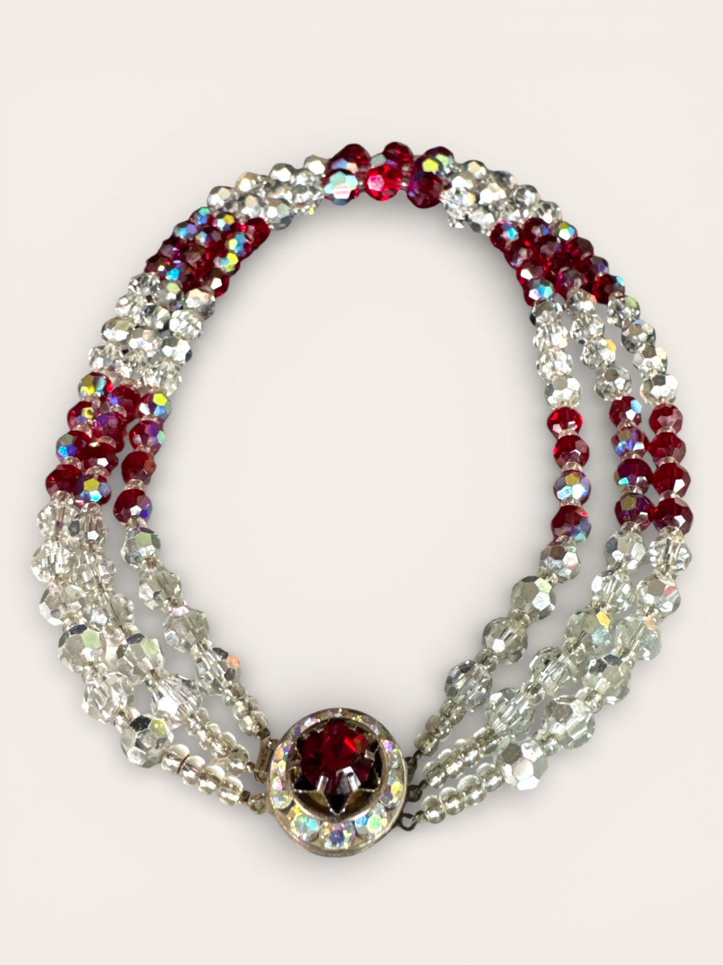 Triple-Strand Faceted Crystal Necklace with Ruby Red & Aurora Borealis Rondelles