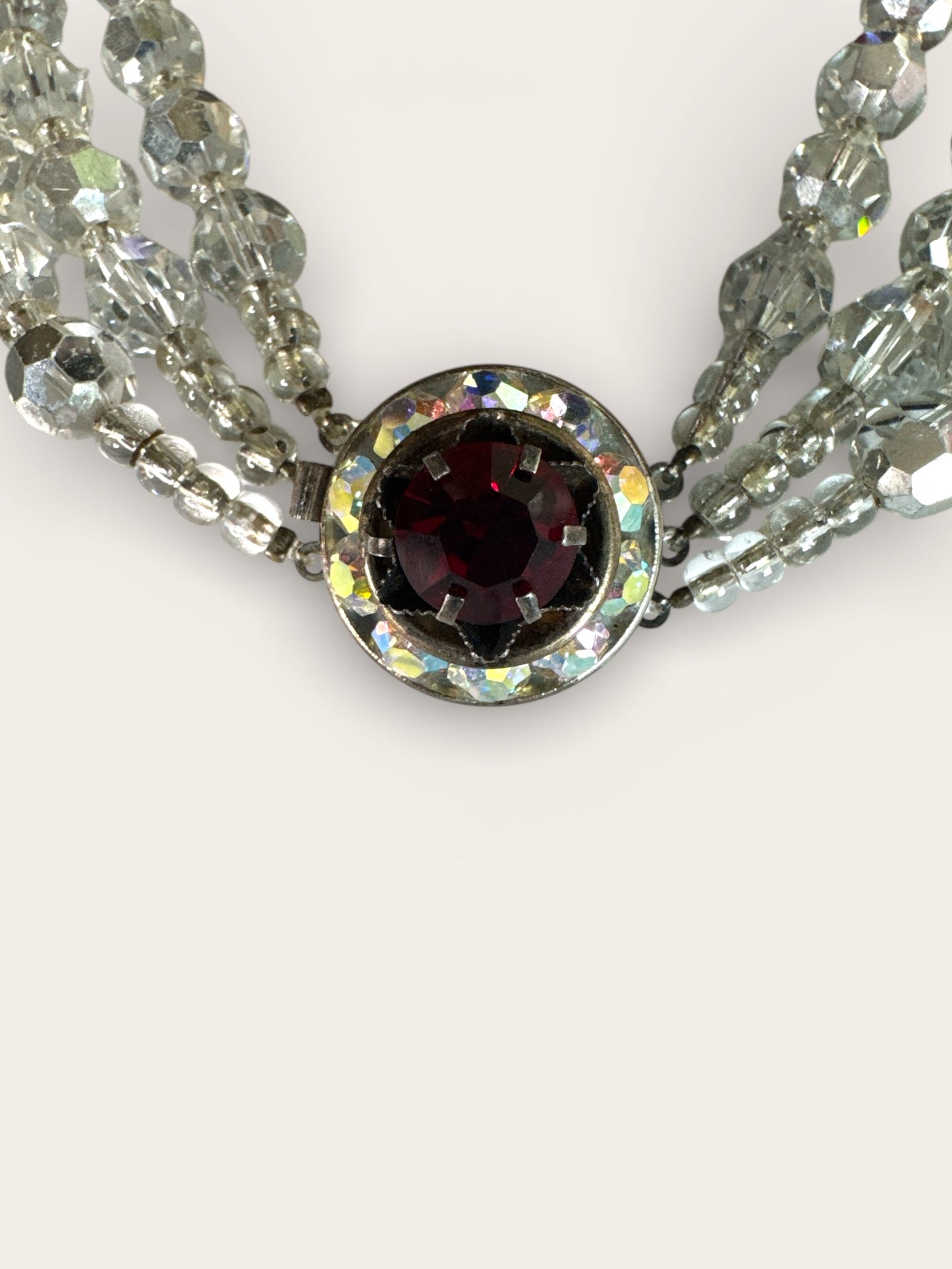 Triple-Strand Faceted Crystal Necklace with Ruby Red & Aurora Borealis Rondelles