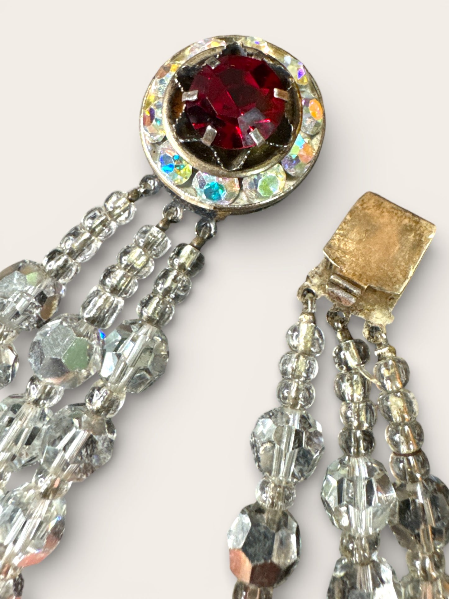 Triple-Strand Faceted Crystal Necklace with Ruby Red & Aurora Borealis Rondelles