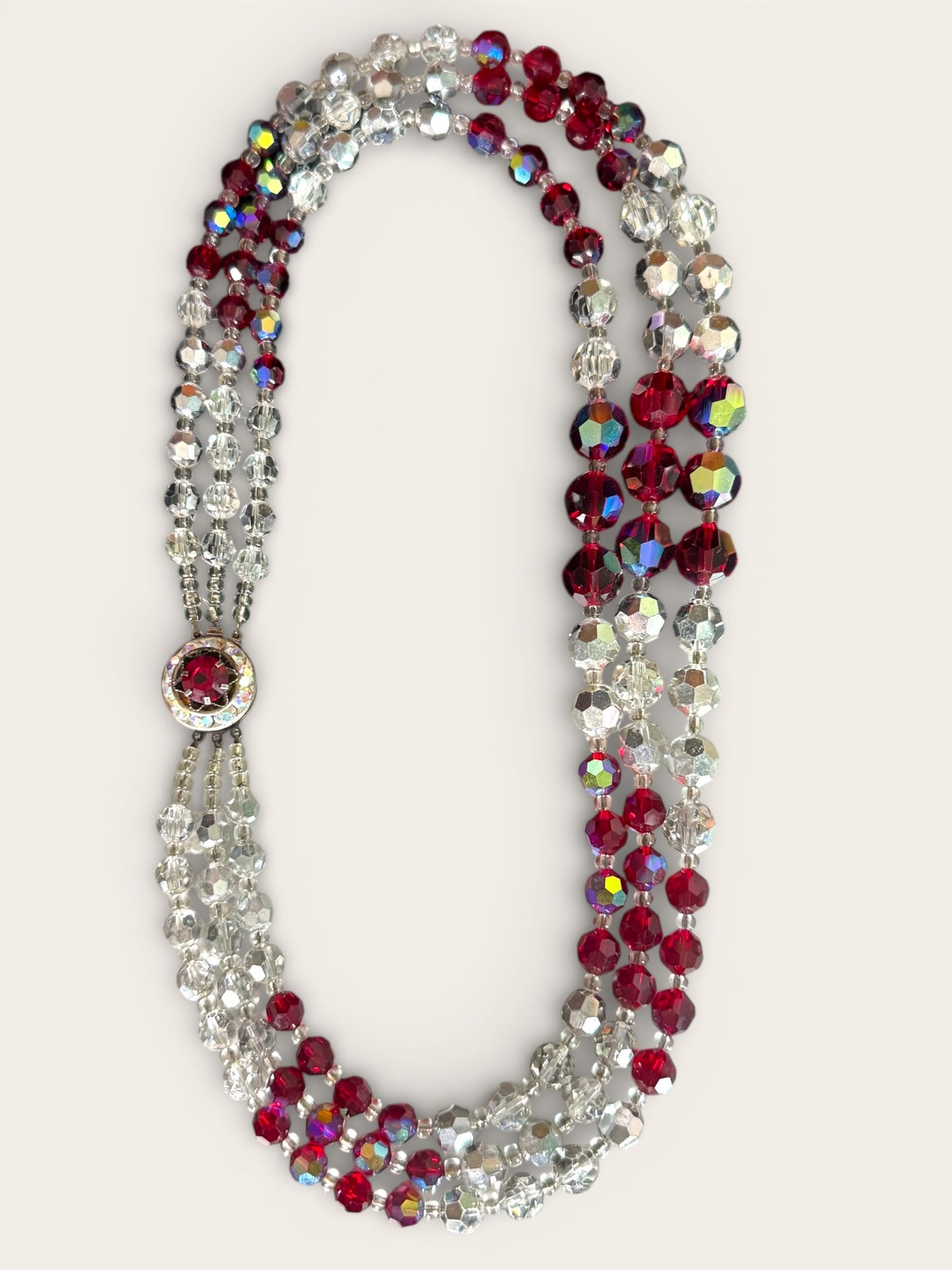 Triple-Strand Faceted Crystal Necklace with Ruby Red & Aurora Borealis Rondelles