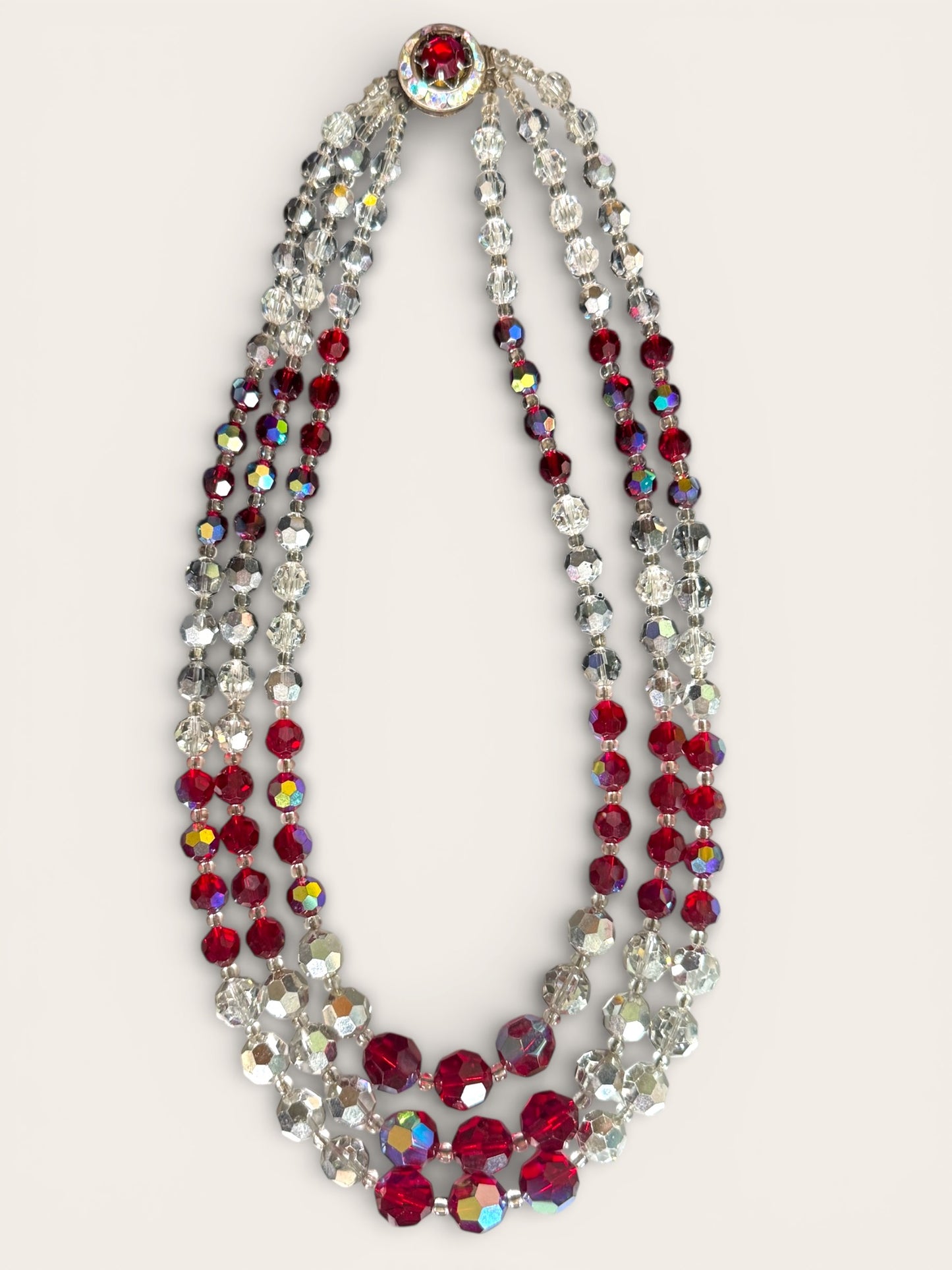Triple-Strand Faceted Crystal Necklace with Ruby Red & Aurora Borealis Rondelles