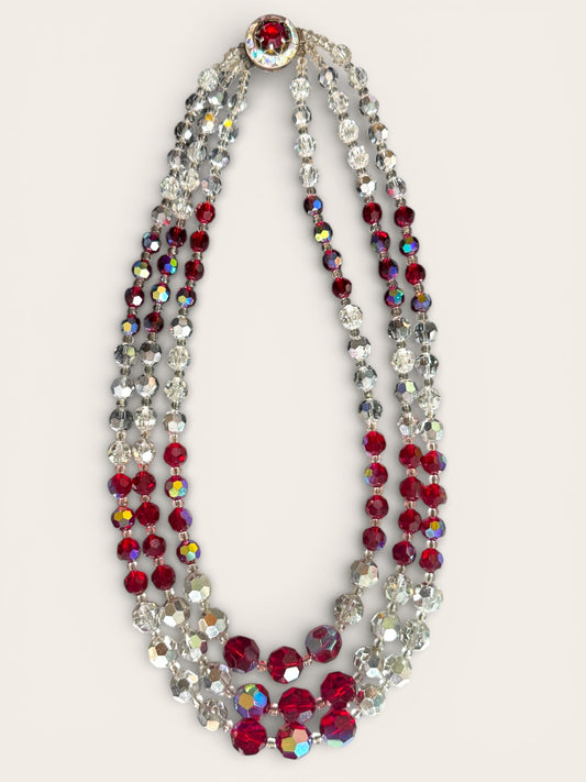 Triple-Strand Faceted Crystal Necklace with Ruby Red & Aurora Borealis Rondelles