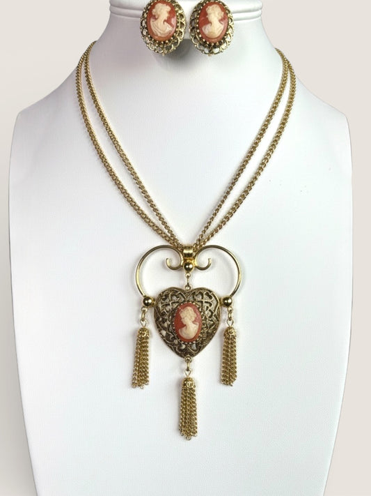 Judy Lee Cameo Heart Tassel Necklace & Clip-On Earring Set – Gold Tone Signed Vintage