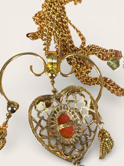 Judy Lee Cameo Heart Tassel Necklace & Clip-On Earring Set – Gold Tone Signed Vintage