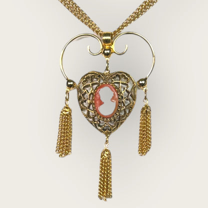 Judy Lee Cameo Heart Tassel Necklace & Clip-On Earring Set – Gold Tone Signed Vintage