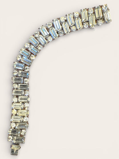 Vintage Weiss Rhinestone Bracelet – Baguette & Round Cut Silver Tone Elegance