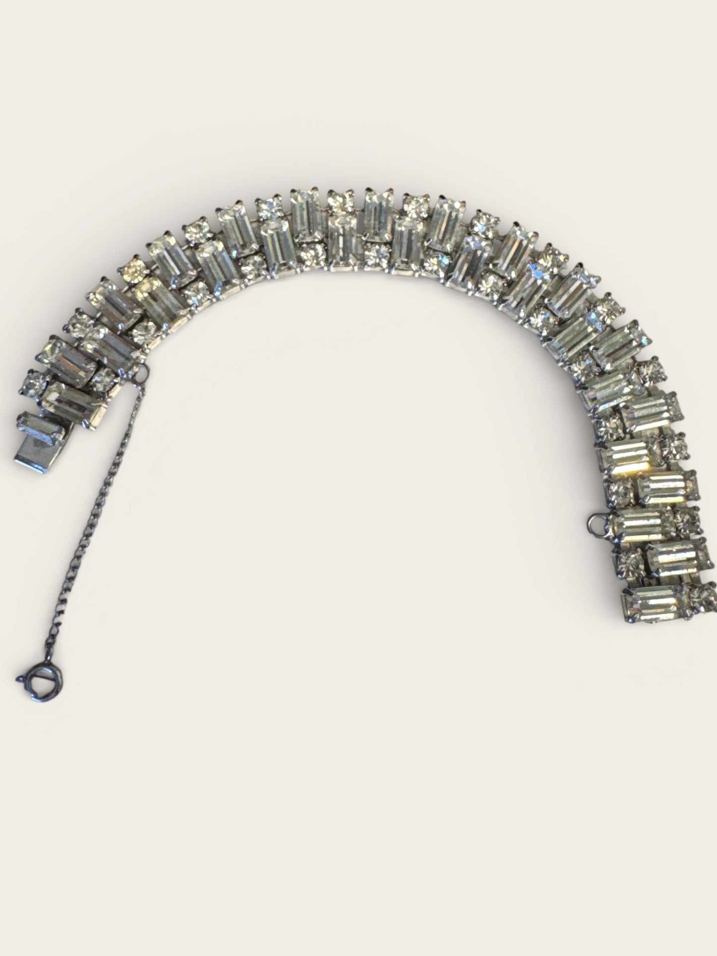 Vintage Weiss Rhinestone Bracelet – Baguette & Round Cut Silver Tone Elegance