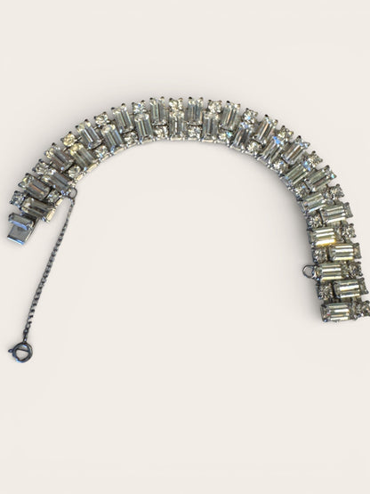 Vintage Weiss Rhinestone Bracelet – Baguette & Round Cut Silver Tone Elegance