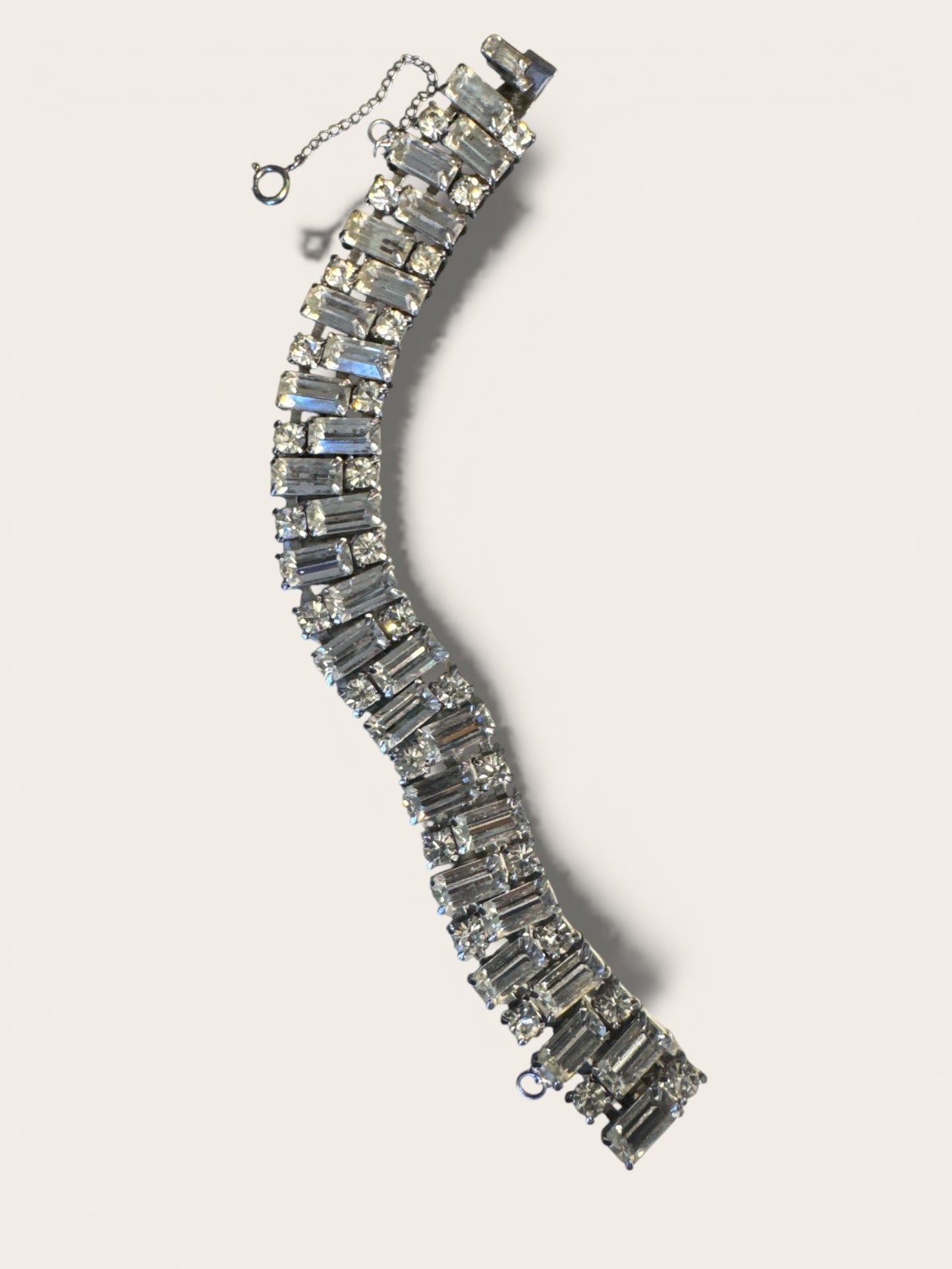 Vintage Weiss Rhinestone Bracelet – Baguette & Round Cut Silver Tone Elegance