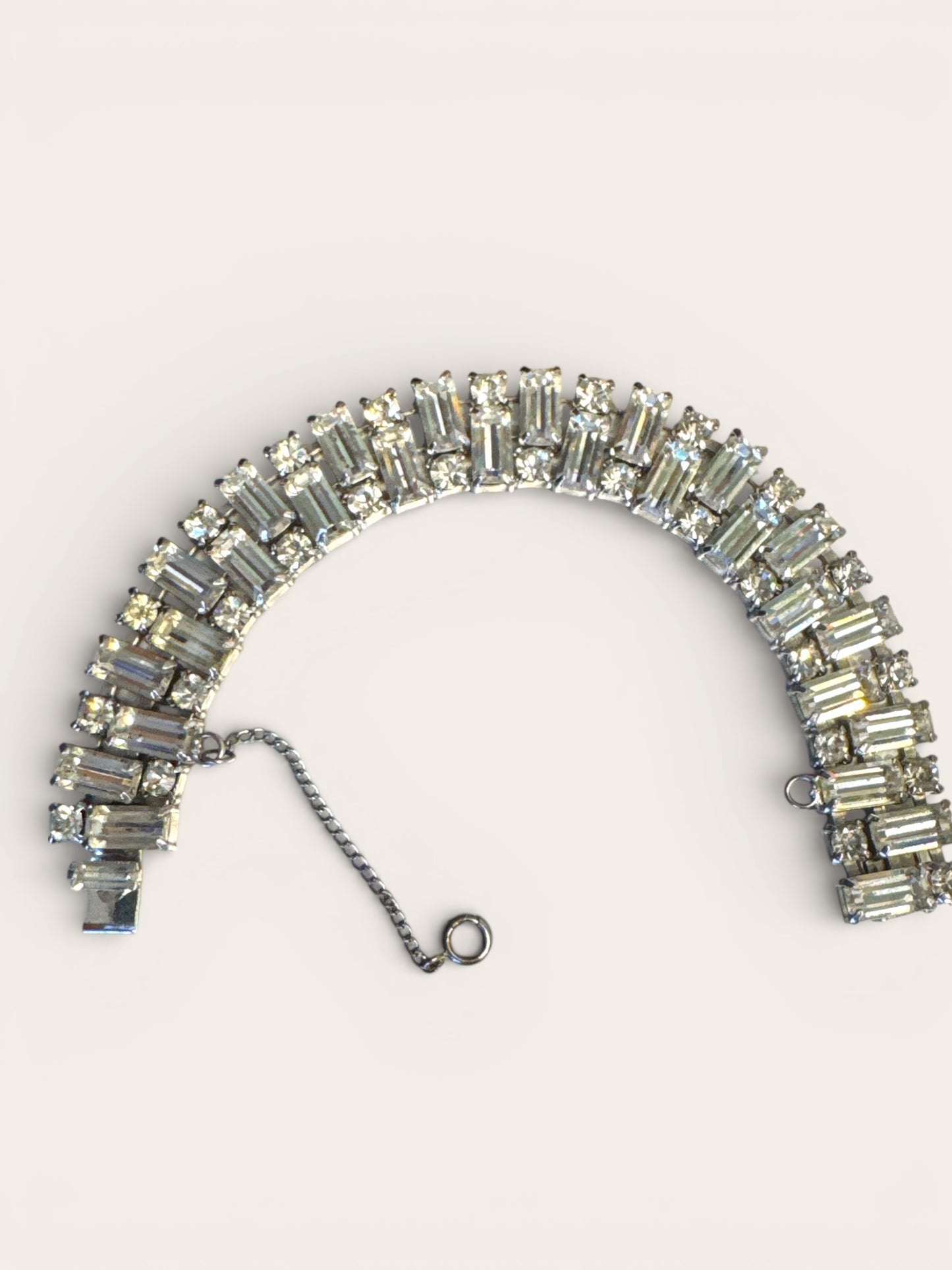 Vintage Weiss Rhinestone Bracelet – Baguette & Round Cut Silver Tone Elegance