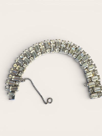 Vintage Weiss Rhinestone Bracelet – Baguette & Round Cut Silver Tone Elegance