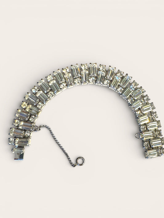 Vintage Weiss Rhinestone Bracelet – Baguette & Round Cut Silver Tone Elegance