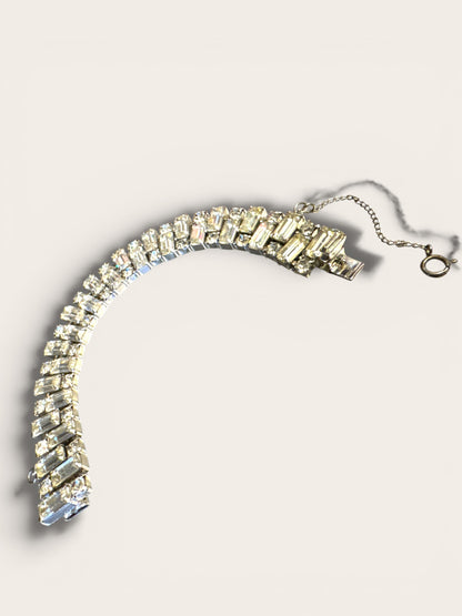 Vintage Weiss Rhinestone Bracelet – Baguette & Round Cut Silver Tone Elegance