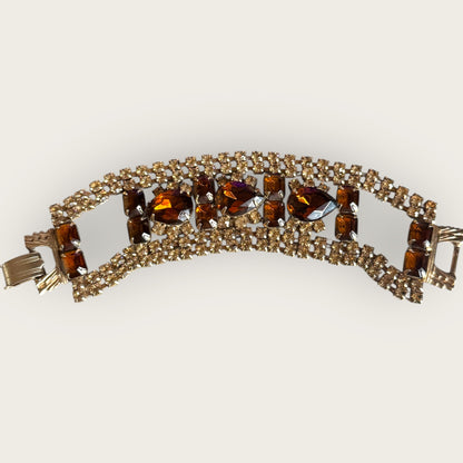 Vintage Root Beer & Smoky Rhinestone Bracelet – Mid-Century Warmth & Elegance