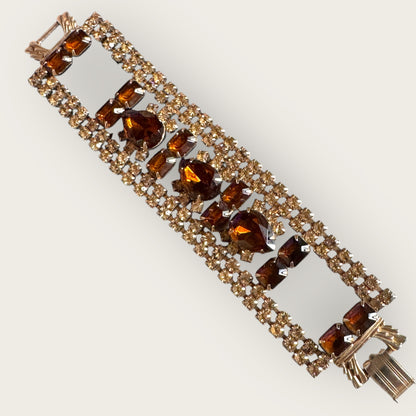 Vintage Root Beer & Smoky Rhinestone Bracelet – Mid-Century Warmth & Elegance