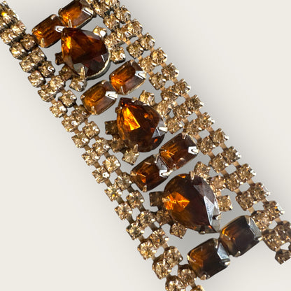 Vintage Root Beer & Smoky Rhinestone Bracelet – Mid-Century Warmth & Elegance