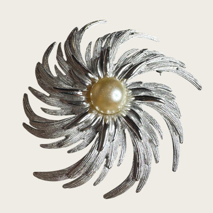 Vintage SARAH Coventry Spiral Pearl Statement Brooch – Silver Tone Elegance