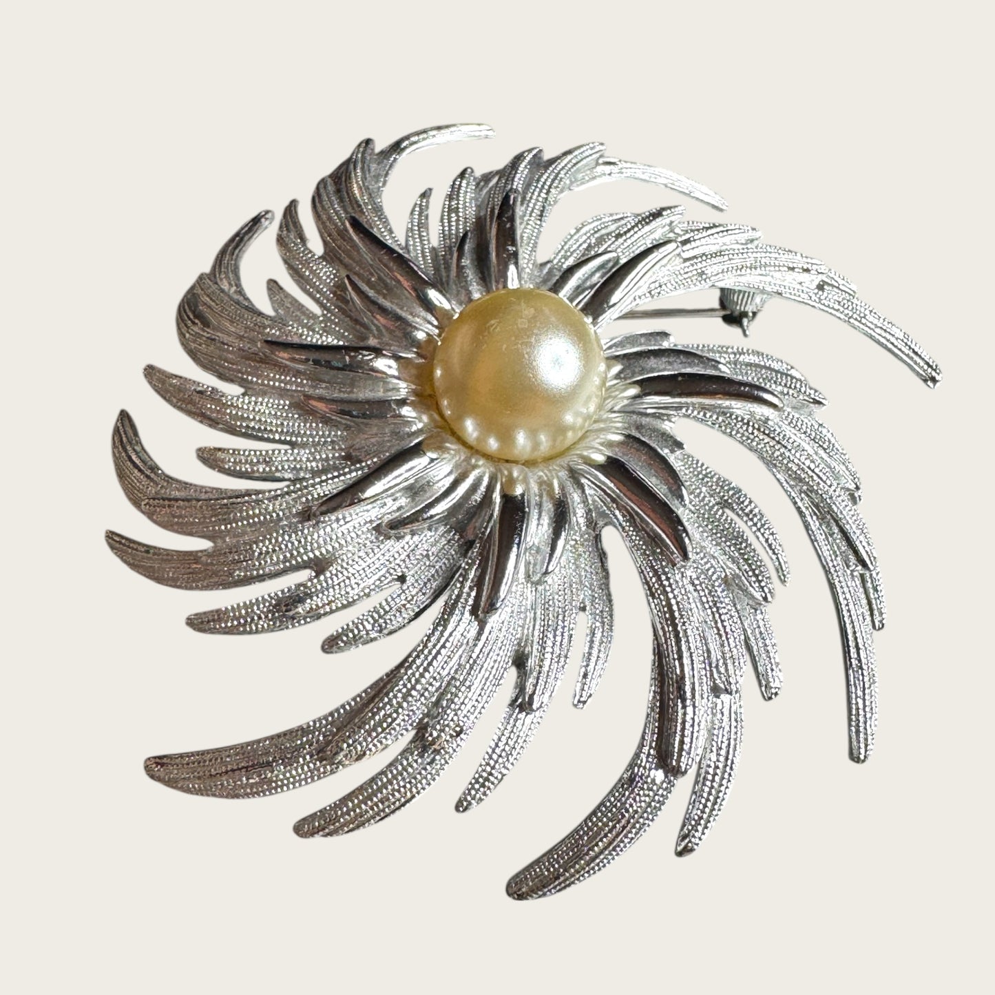 Vintage SARAH Coventry Spiral Pearl Statement Brooch – Silver Tone Elegance