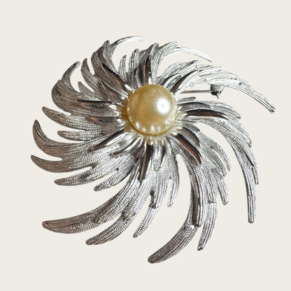 Vintage SARAH Coventry Spiral Pearl Statement Brooch – Silver Tone Elegance