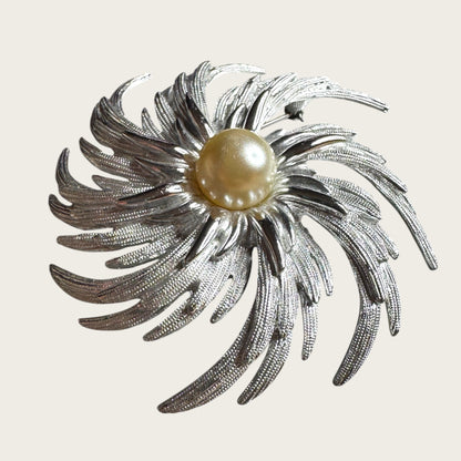 Vintage SARAH Coventry Spiral Pearl Statement Brooch – Silver Tone Elegance