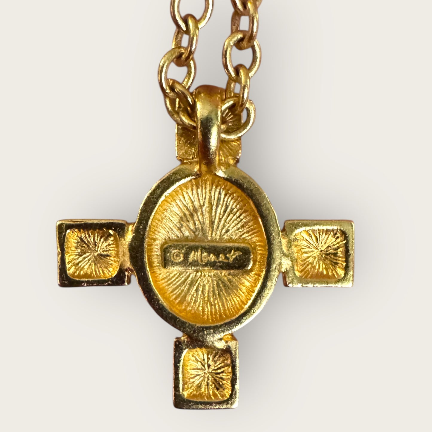 Vintage Monet Amber Glass Cross Pendant Necklace – Gold Tone, Signed, Adjustable 18″–20″