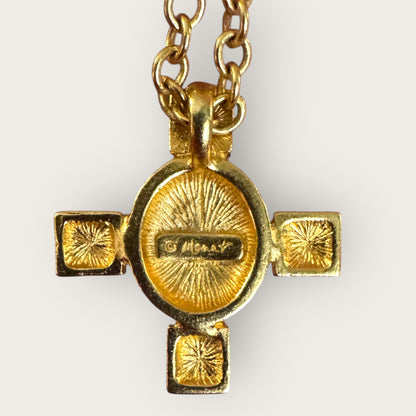 Vintage Monet Amber Glass Cross Pendant Necklace – Gold Tone, Signed, Adjustable 18″–20″
