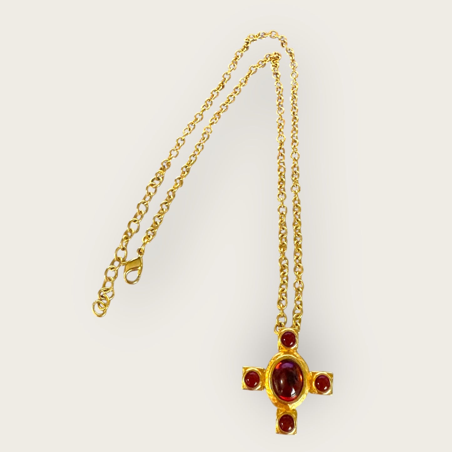 Vintage Monet Amber Glass Cross Pendant Necklace – Gold Tone, Signed, Adjustable 18″–20″