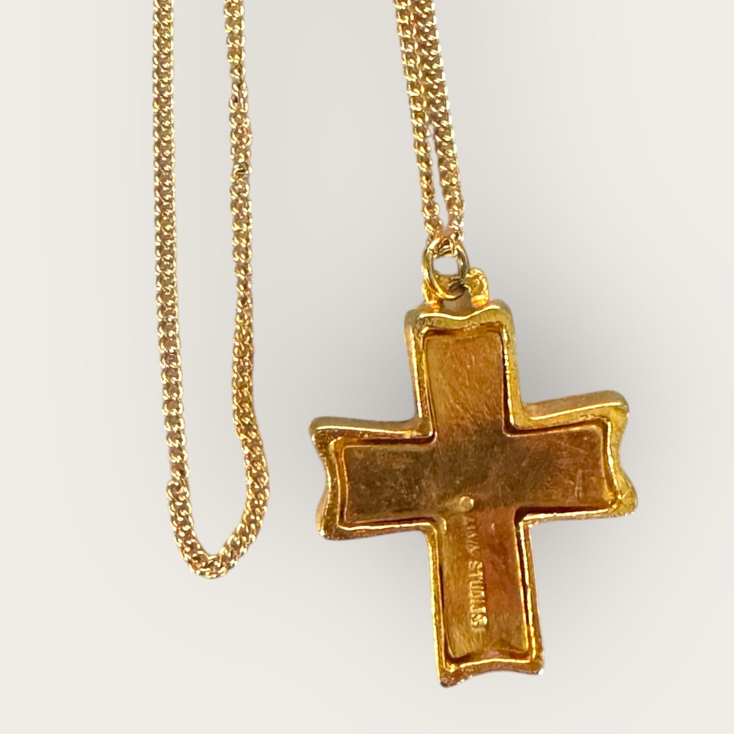 Vintage Alva Studios Textured Cross Pendant Necklace – Gold Tone, Signed Studio Piece