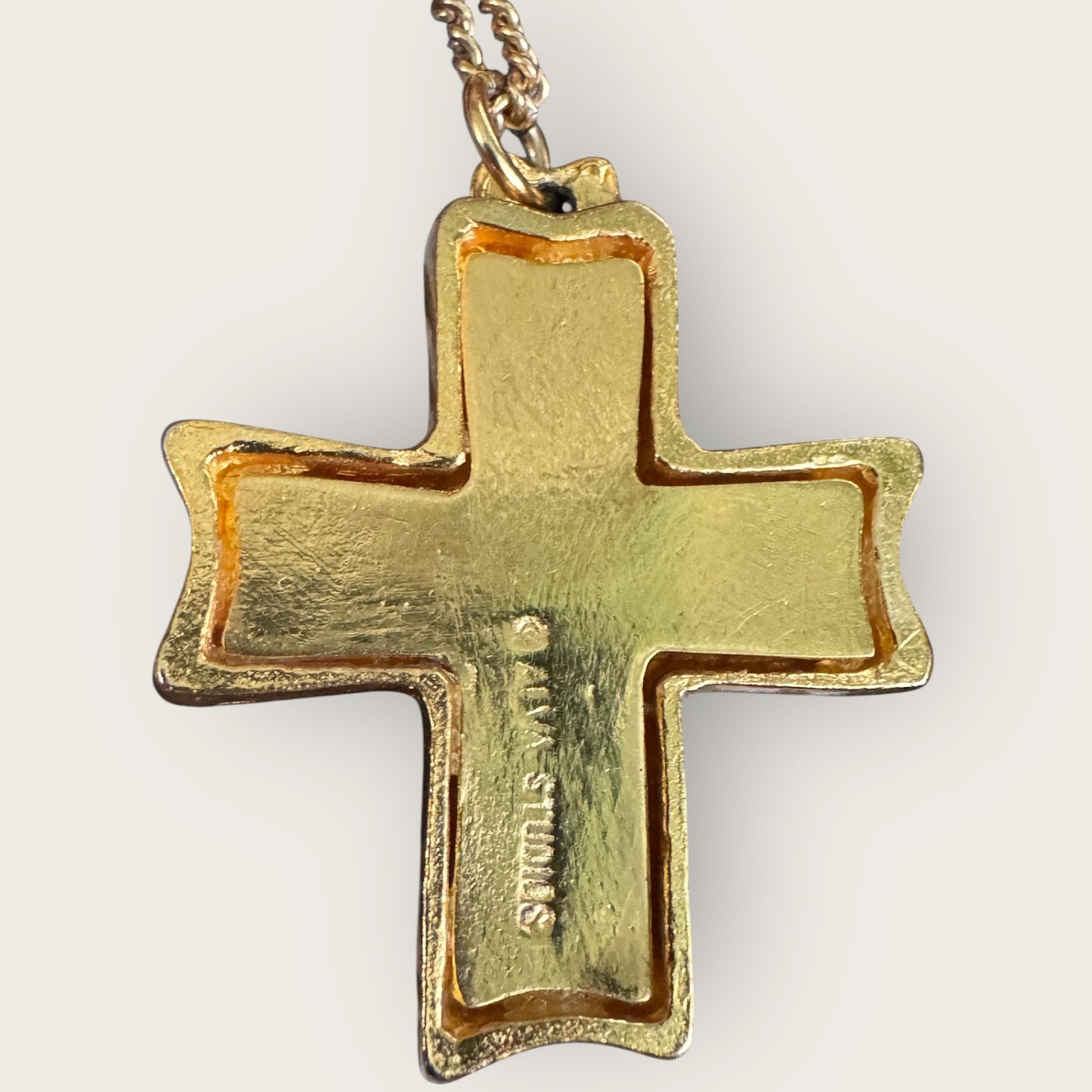 Vintage Alva Studios Textured Cross Pendant Necklace – Gold Tone, Signed Studio Piece