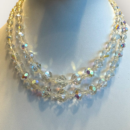Vintage Double Strand Aurora Borealis Crystal Choker Necklace – Graduated Faceted Beads