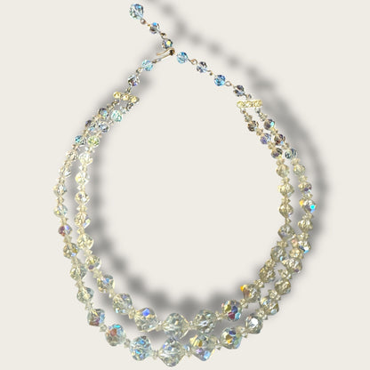 Vintage Double Strand Aurora Borealis Crystal Choker Necklace – Graduated Faceted Beads