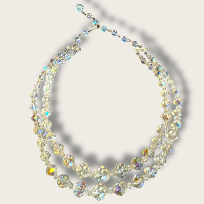 Vintage Double Strand Aurora Borealis Crystal Choker Necklace – Graduated Faceted Beads