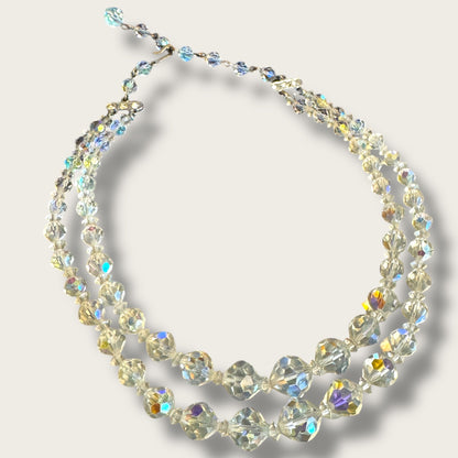 Vintage Double Strand Aurora Borealis Crystal Choker Necklace – Graduated Faceted Beads