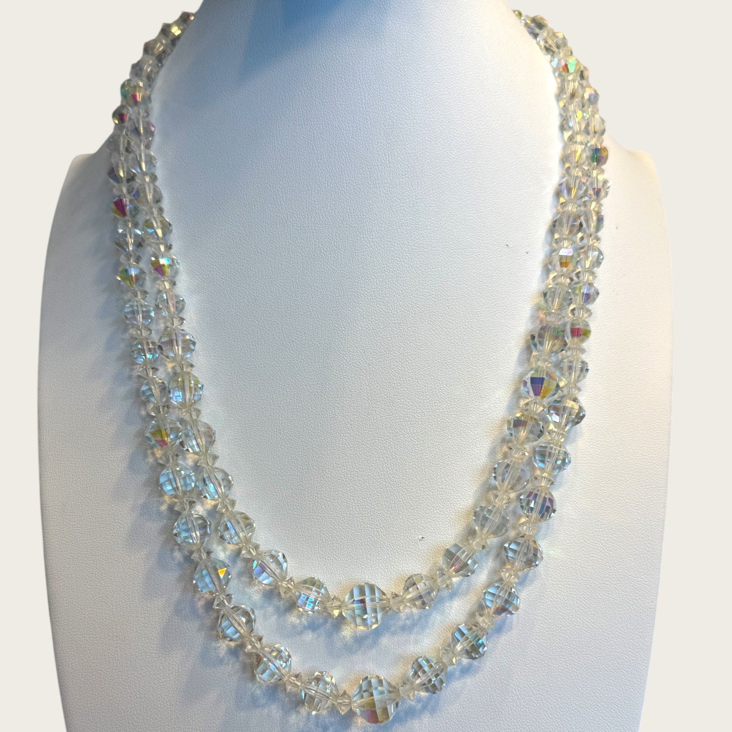 Vintage Double Strand Aurora Borealis Bicone Crystal Necklace – Oval Crystal Clasp