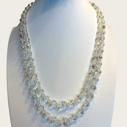 Vintage Double Strand Aurora Borealis Bicone Crystal Necklace – Oval Crystal Clasp