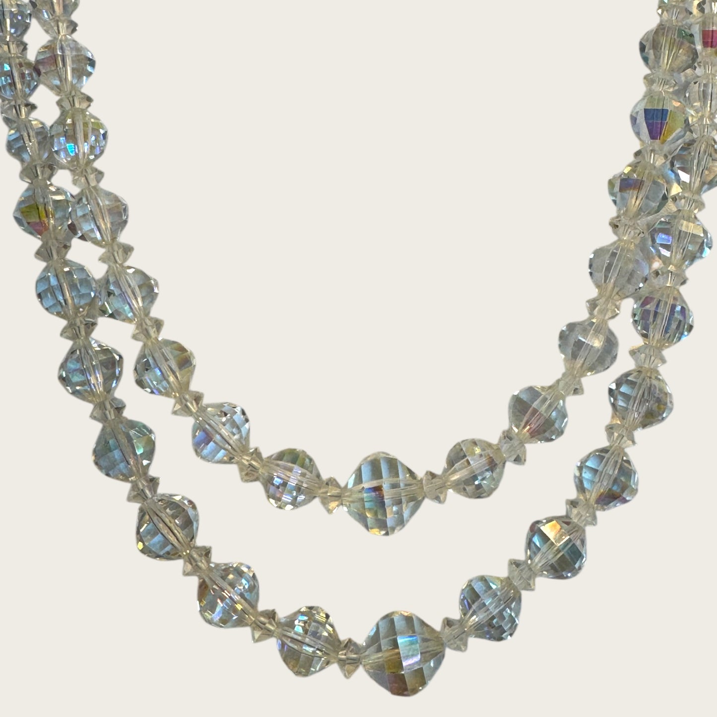 Vintage Double Strand Aurora Borealis Bicone Crystal Necklace – Oval Crystal Clasp