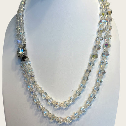Vintage Double Strand Aurora Borealis Bicone Crystal Necklace – Oval Crystal Clasp