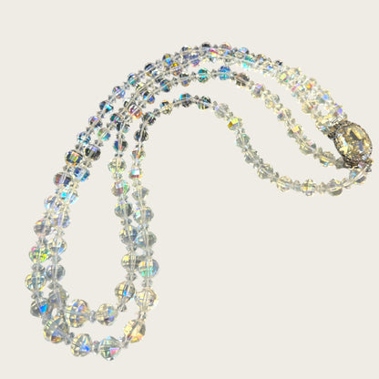 Vintage Double Strand Aurora Borealis Bicone Crystal Necklace – Oval Crystal Clasp