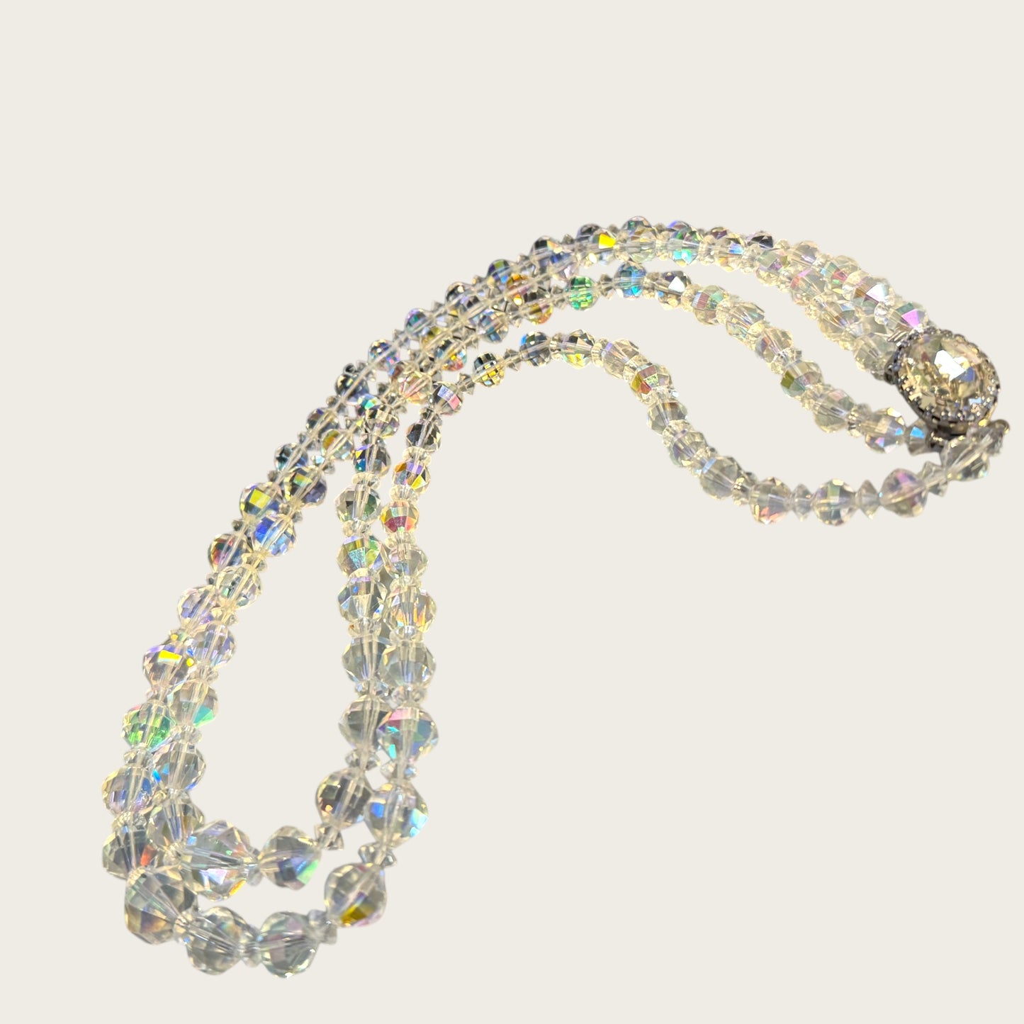 Vintage Double Strand Aurora Borealis Bicone Crystal Necklace – Oval Crystal Clasp