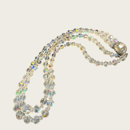Vintage Double Strand Aurora Borealis Bicone Crystal Necklace – Oval Crystal Clasp