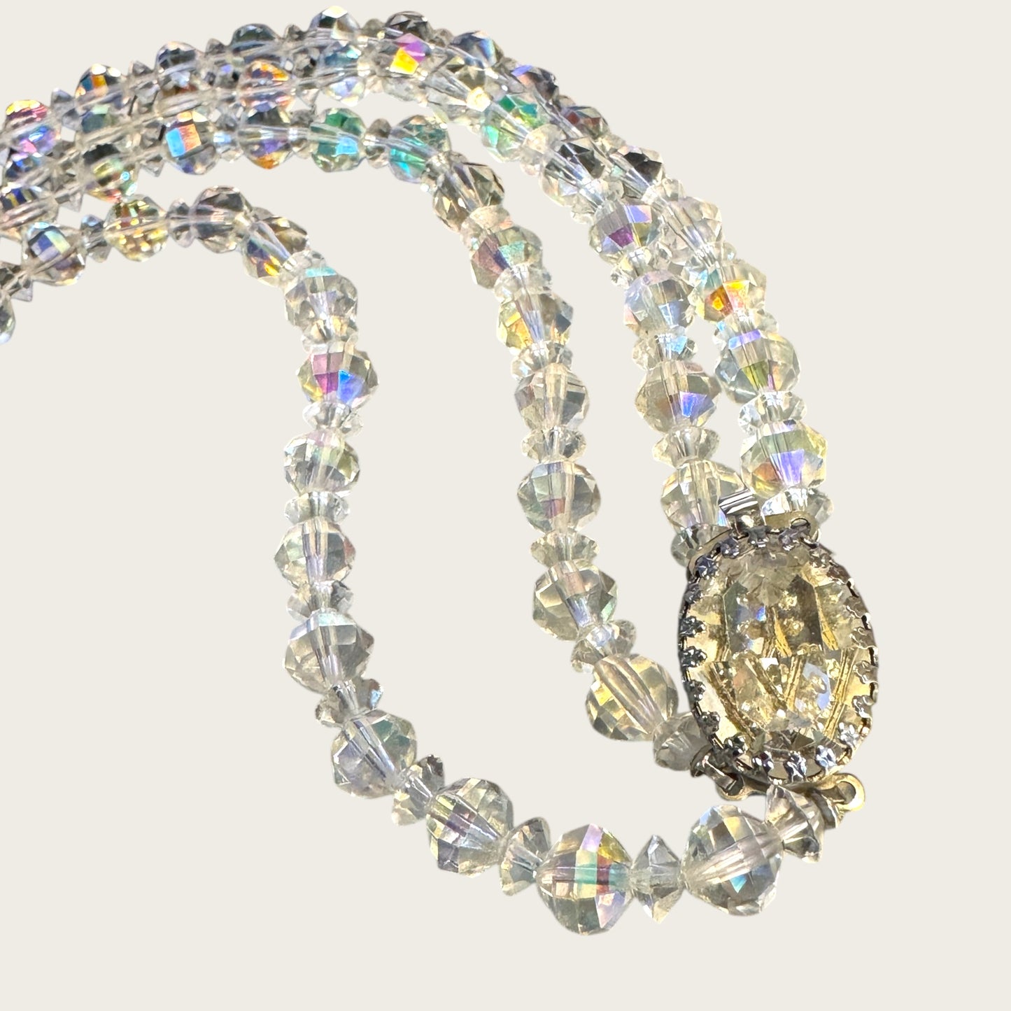 Vintage Double Strand Aurora Borealis Bicone Crystal Necklace – Oval Crystal Clasp
