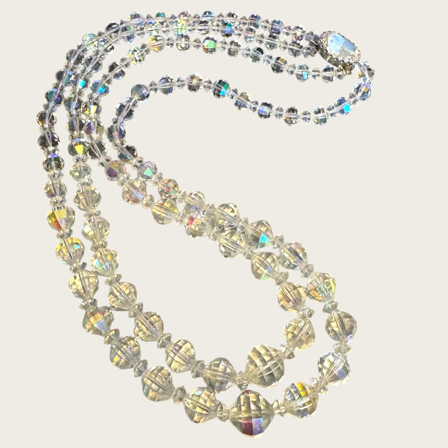 Vintage Double Strand Aurora Borealis Bicone Crystal Necklace – Oval Crystal Clasp